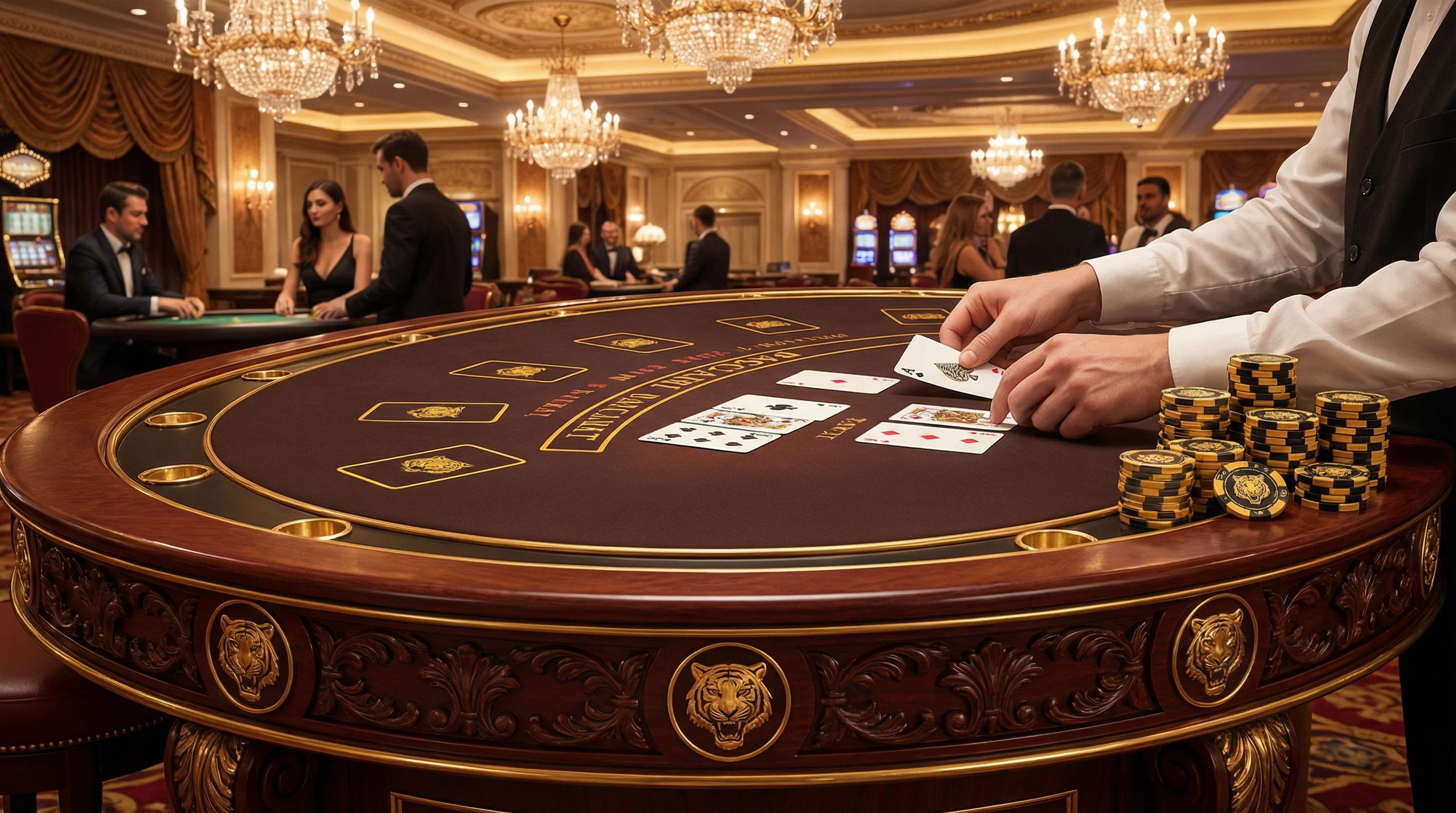 Mesa de bacará de lujo con crupier repartiendo cartas